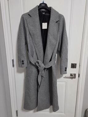 NWT - Zara Women's Longline Belted Wool Blended Coat - Size L